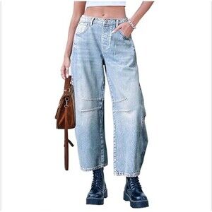 Women's Barrel Jeans Sz XL Baggy Light Wash Mid Rise Y2K Ankle Boyfriend Grunge